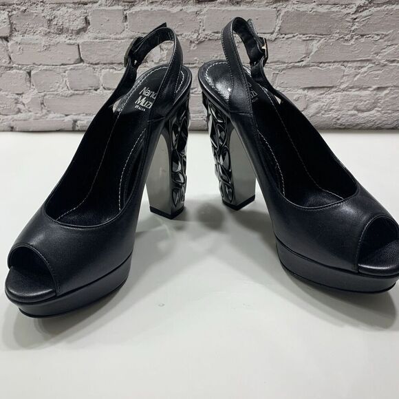 Nando Muzi Women’s Italian Leather Open Toe Jeweled Heels Pumps 36.5 Black - Picture 12 of 16